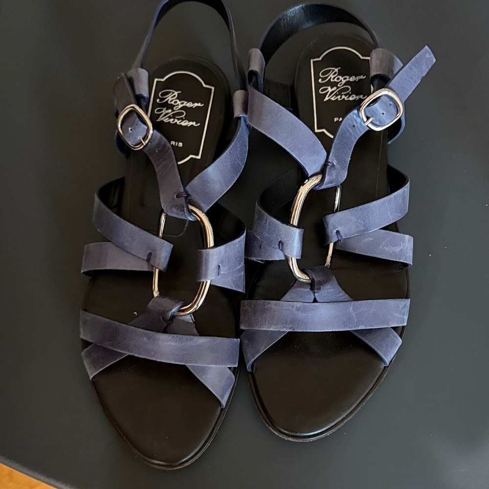 Roger Vivier Navy Leather Strappy Sandals with Metal Ring Detail